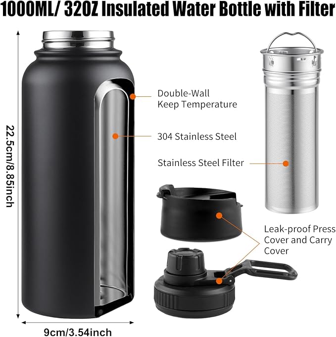 Sivaphe 32 oz Tea Infuser Bottle With Removable Filter,18/8 Stainless Steel Insulated Water Bottle for Loose Leaf Tea,1L Strainer Travel Tumbler with Lid Black