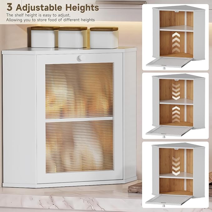 Bread Box for Kitchen Corner Countertop,Large Bread Basket (White, X-Large) | Double Layer Bamboo Bread Storage Container for Kitchen Countertop,Height Adjustable