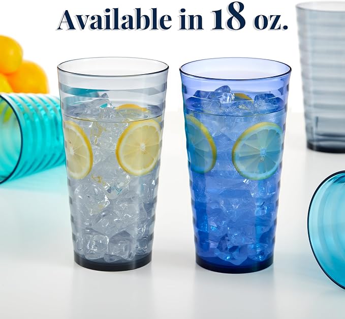 US Acrylic Splash [Set of 16] 18 ounce Plastic Stackable Water Tumblers in 4 Coastal Colors Value Set of Drinking Cups, Reusable, BPA-free, Made in the USA, Top-rack Dishwasher Safe