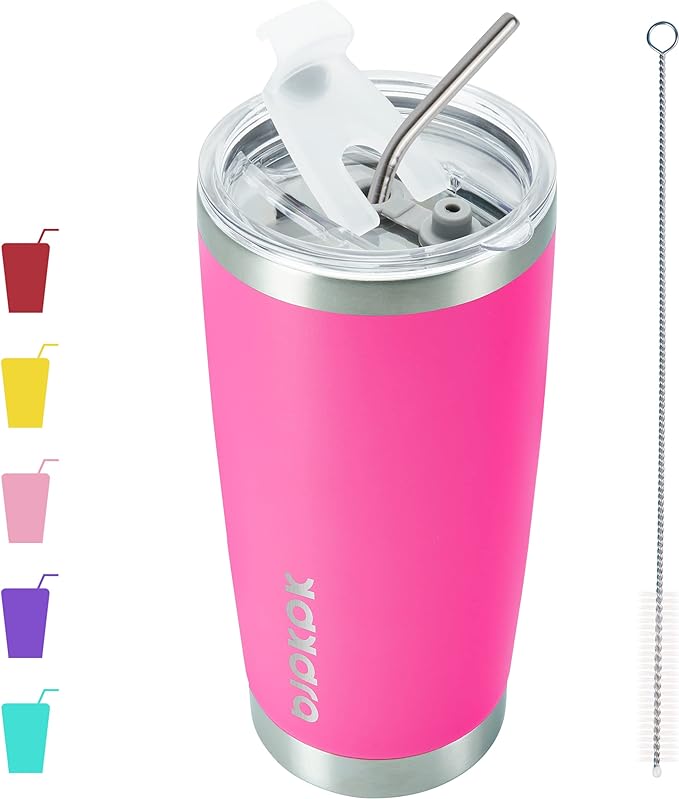 BJPKPK 20 oz Coffee Tumbler with Lid, Straw, Insulated Stainless Steel Mug | Double Wall Vacuum, Keeps Hot/Cold, BPA Free, Leak Proof, Iced Coffee Cup Fit Car Holder, Travel & Beach Ready, Pink