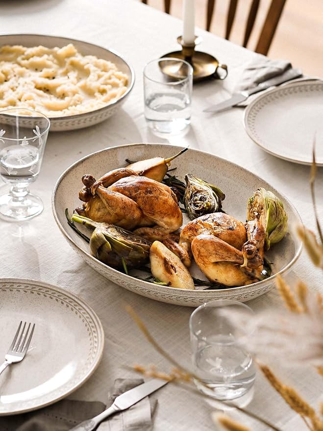 LE TAUCI Ceramic Serving Bowls Set of 2, Large Oval Serving Dishes for Entertaining, 13.5 & 14.6 Inch Salad Bowl for Kitchen Counter, Fruit Bowl, Pasta Bowls, Microwave and Dishwasher Safe - Birch
