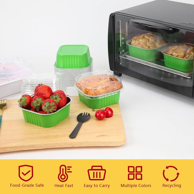 LNYZQUS 10oz Mini Cake Pans with Lids, Small Cinnamon Roll Containers | 40 Pack, Individual, Green, Disposable, Aluminum Foil, Square Baking Tins, 4 Inch Dessert Cups for Bake Sale Treats