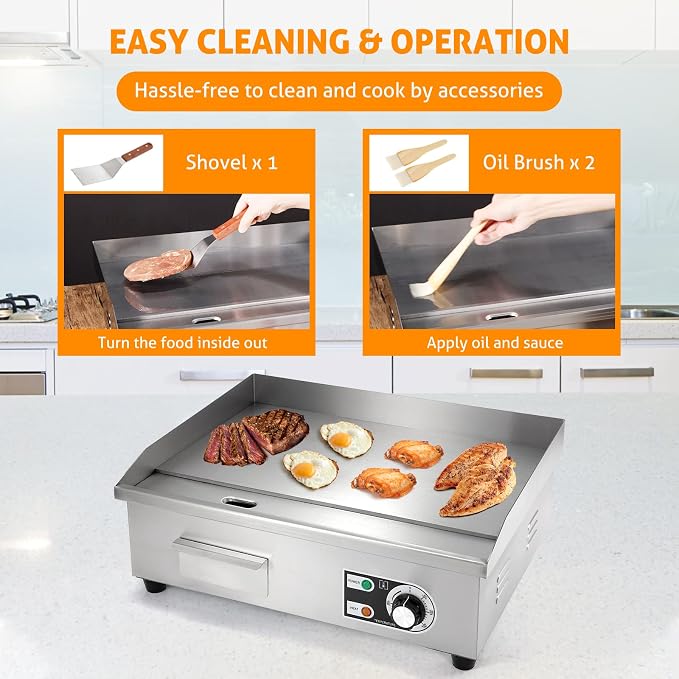 WICHEMI Commercial Electric Griddle Flat Top Grill Stainless 22'' 3000W | Heat Food Evenly, Large Cooking Surface, Cooking Temperature Adjustment, Collect Grease For Cleanup, Non-Stick, Easy to Clean