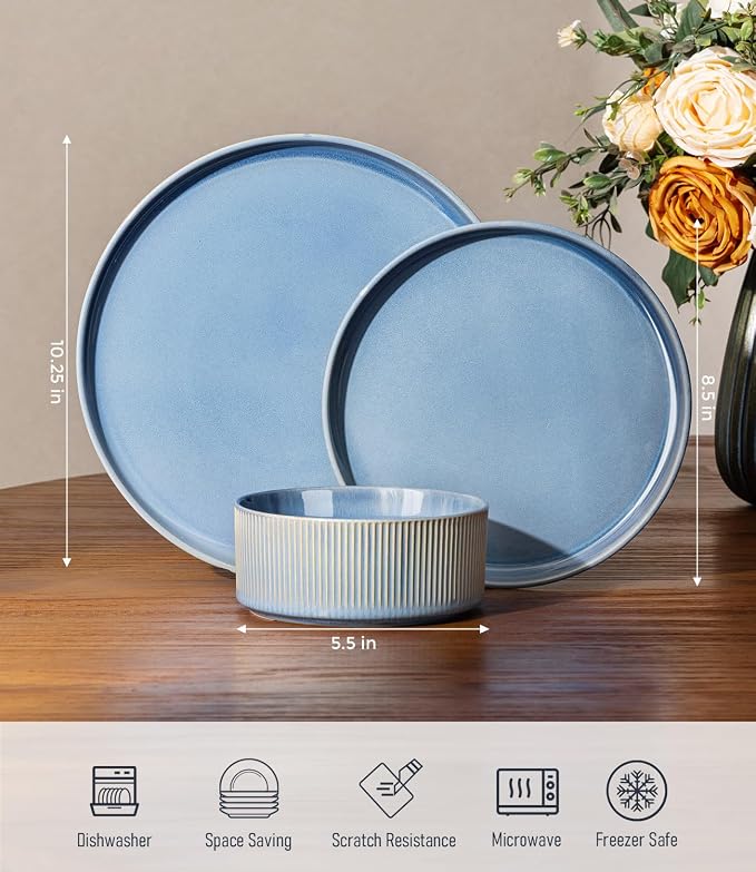 GBHOME Stoneware Dinnerware Sets for 4, 12-Piece Plates and Bowls Set | Handmade Reactive Glaze Ceramic Dish Set, Scratch Resistant, Dishwasher&Microwave Safe,Alaskan Blue
