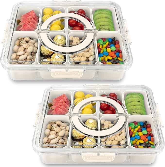 HRXFOZ Divided Serving Tray with Lid and Handle, 8 Compartment Snack Box, Portable Snack Platter for Fruits, Veggies, Nuts, Party Entertaining, Picnic (2 PCS)