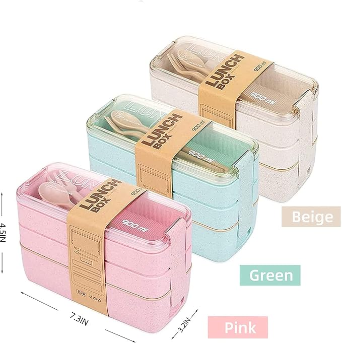 Rarapop Green Stackable Bento Lunch Box Kit, 3-In-1 Compartment Wheat Straw Lunch Containers with Tableware, Reusable On-the-Go Meal and Snack Containers