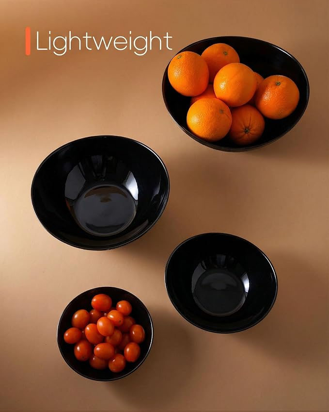 Oval Serving Bowls Set of 4, 15/20/43/66 OZ Black Opal Glass | Lightweight nesting bowls with microwave & dishwasher safe design, ideal for mixing, salad, fruit, pasta, dessert, meal prep