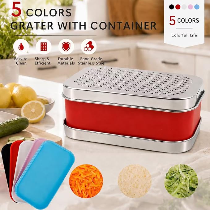 Cheese Grater with Storage Container, Box Grater Stainless Steel for Vegetables, Cheese Shredder 2 Sharp Blades for Fine & Coarse, Non-Slip Base, Lemon Zester, Includes Cleaning Brush(Red)