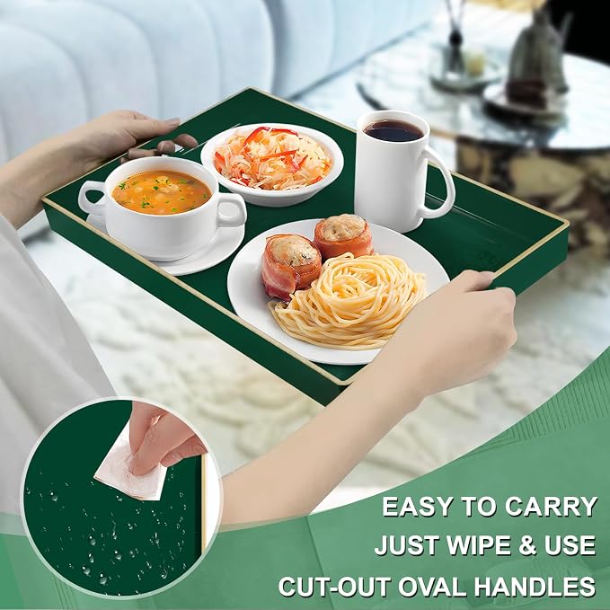 Dark Green Decorative Tray for Ottoman, Serving Tray with Handles | Plastic Coffee Table Tray, Modern Melamine Tray, Rectangle Countertop Organizer Tray for Living Room, 15.8"L x 10.2"W x 1.4"H
