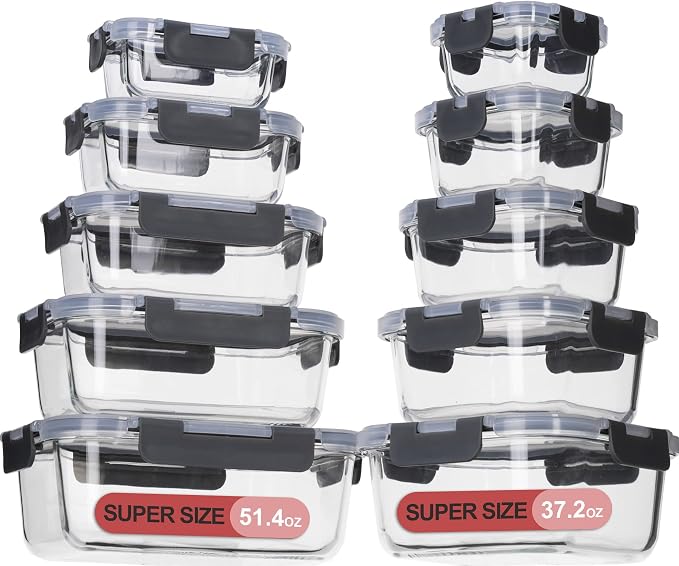 Glass Food Storage Containers with Lids Airtight, Glass Meal Prep Containers for Lunch Food, Container Set, Easy to Open& Close/Microwave,Oven,Freezer,Dishwasher Safe/Leak-Proof（20 Pieces）