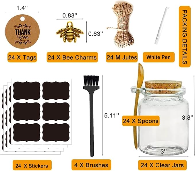 Ahhute Glass Sugar Scrubs Jars, Bath Salt Container, Snacks Spice Jars w/Bamboo Spoons, Honey Scrubs Body Butter Jar w/Corks, Labels and Cleaning Brush, Wedding Party Favors Gifts, 8oz 24 Pack