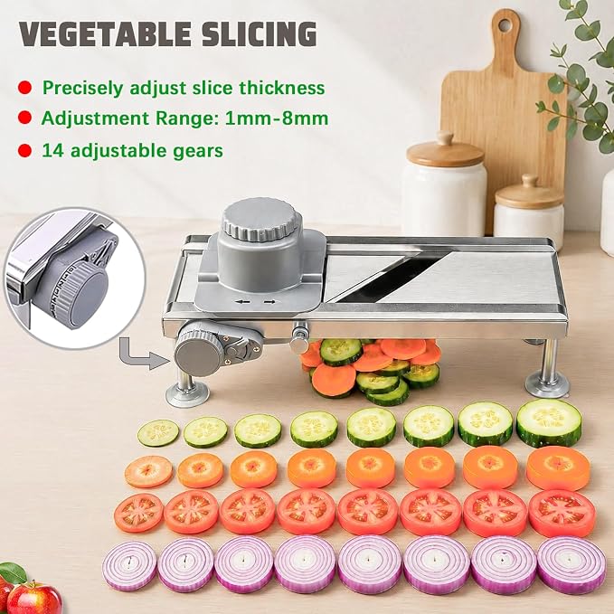 Goldtree Mandoline Slicer Adjustable Vegetable Onion Potato Food Cutter | Stainless steel structure, Precisely adjustable slice thickness, 3 strip-cutting blades, Latest safety hand guard