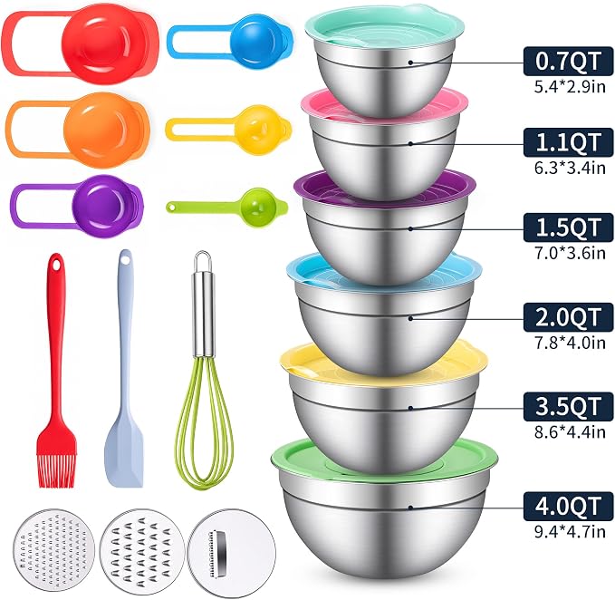 Stainless Steel Mixing Bowls with Lids Set, 3 Grater Inserts | 6 nesting stainless steel bowls, 0.7-4 QT, 6 lids, 3 grater inserts, measuring set, spatula and brush for prep and baking