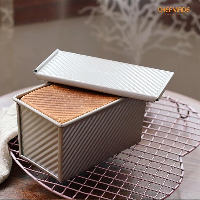 CHEFMADE Pullman Loaf Pan with Lid, 1Lb Dough Capacity Non-Stick Rectangle Corrugated Toast Box for Oven Baking 4" x 7.7"x 4.3"(Champagne Gold)