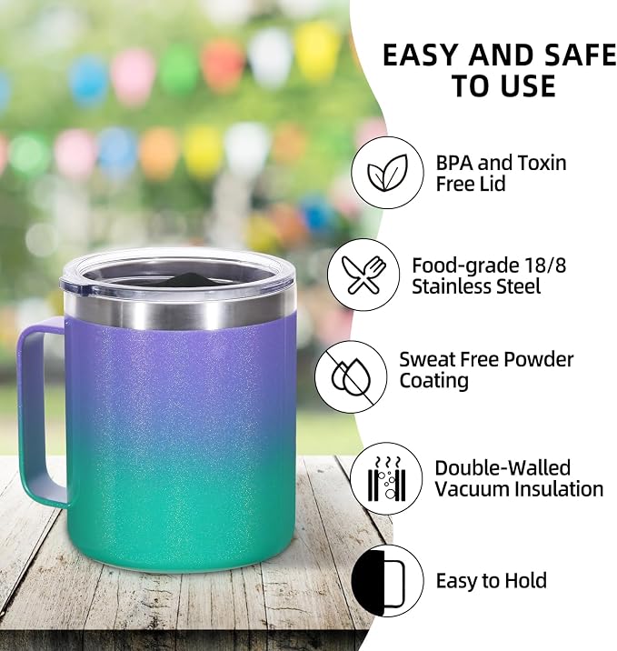 Volhoply 14oz Insulated Stainless Steel Coffee Mug with Leakproof Lid,Double Wall Vacuum Travel Coffee Cup with Handle,Reusable Cups Tumbler,Camping Mugs Keep Hot,Ideal Gifts(Purple Green,1)