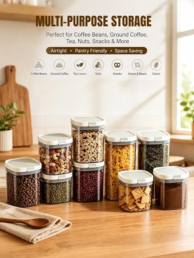 Lupow Airtight Coffee Canister with Magnetic Spoon, 1.8L BPA-Free Plastic Coffee Container for 20oz Ground Coffee & Beans, Dual Seal Locking Lid, Dark Brown Pantry Storage Jar