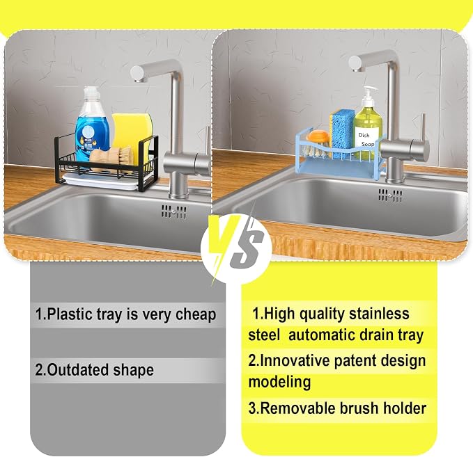 Stainless Steel Kitchen Sink Caddy Organizer with Auto Drain Tray, Sponge Holder for Countertop Storage