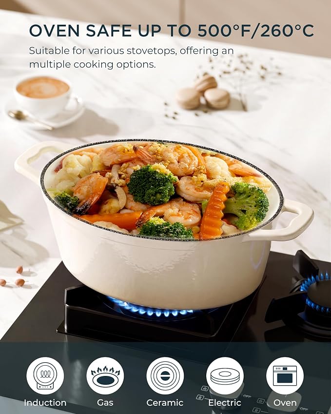 Enameled Cast Iron Dutch Oven - 9.3QT Dutch Oven Pot with Lid & Cotton Potholders - Heavy-Duty Non Stick Casserole Pot for Braising, Stews, Roasting, Baking, Suitable for All Stovetops, Cream White