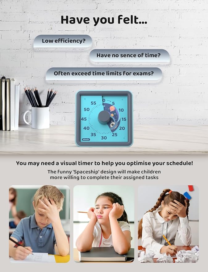 LIORQUE Visual Timer for Kids, 60 Minute Countdown Timer, Steel Blue | Non-Ticking, 3 Volume Levels, Timer for Classroom Kitchen Office ADHD, 2 AAA Batteries Included