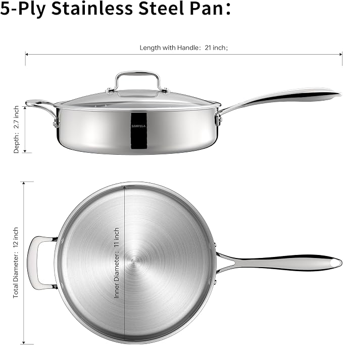 12 Inch/ 4.5 QT 5-Ply Stainless Steel Saute Pan with Glass Lid | Compatible with All Cooktops, Oven Safe 800F, Dishwasher Safe, PTFE, PFAS and PFOA Free