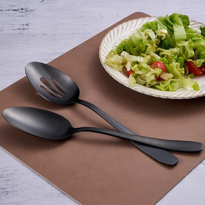 6 Pieces Large Serving Spoons Set - 3 Serving & 3 Slotted Spoon | 10.6 Inch, matte black, stainless steel, highly durable, corrosion-resistant, dishwasher safe, for kitchen buffet restaurant