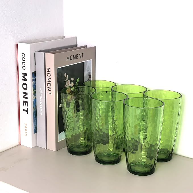 Yalin 20 Ounce Acrylic Drinking Glasses, Reusable Plastic Tumbler, Stackable, BPA-Free, Shatter Proof, Dishwasher Safe, Set of 6 Cups (Green)