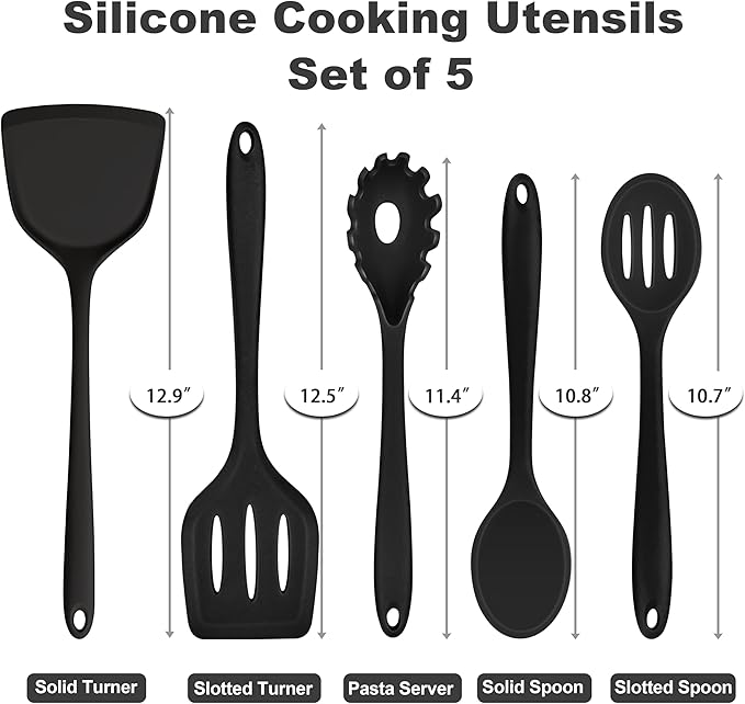 TeamFar Silicone Cooking Utensils Set, 5-Piece Kitchen Utensils Set | Heat Resistant Nonstick Slotted Solid Spoon Turner Pasta Server for Frying Serving Mixing, Non-Toxic & Dishwasher Safe, Black