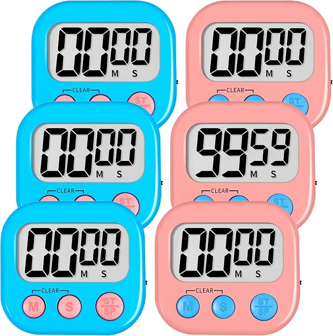 ZILLEEN Digital Kitchen Timers for Cooking Kids Blue Pink 6 Pack | Strong Magnetic, Large Screen, Big Button, Timers for Kids Classroom Cooking Egg Teacher Exercise Study