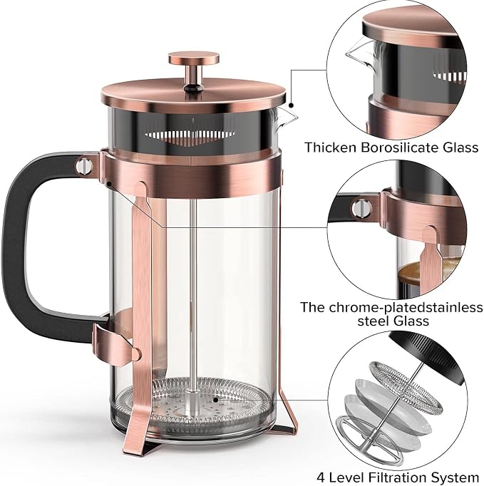 QUQIYSO French Press 34oz, Stainless Steel and Thickened Glass Coffee Maker | 4 Filter Heat-Resistant Borosilicate Glass Coffee Press, Easy to Clean, Suitable for Kitchen Party Camping Gifts(Copper)