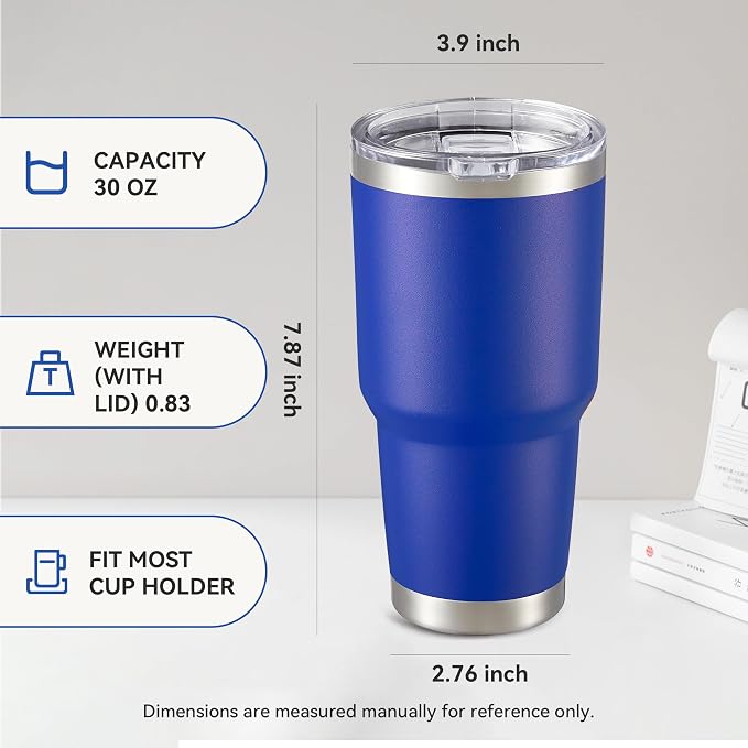 30 oz Tumbler with Lid Stainless Steel Tumblers Bulk, 4 Pack | Vacuum Insulated Cup, Leak Proof Lid, Powder Coated Travel Mug, Double Wall, Keep Cold Drinks for 12 Hours, Blue