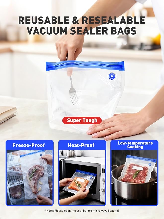 30 Pcs Reusable Vacuum Sealer Bags for Food, 2 Size BPA-Free Vacuum Storage Bags with Sealing Clips & Leak-Proof Design for Sous Vide Cooking, Freezer, Microwave Heating
