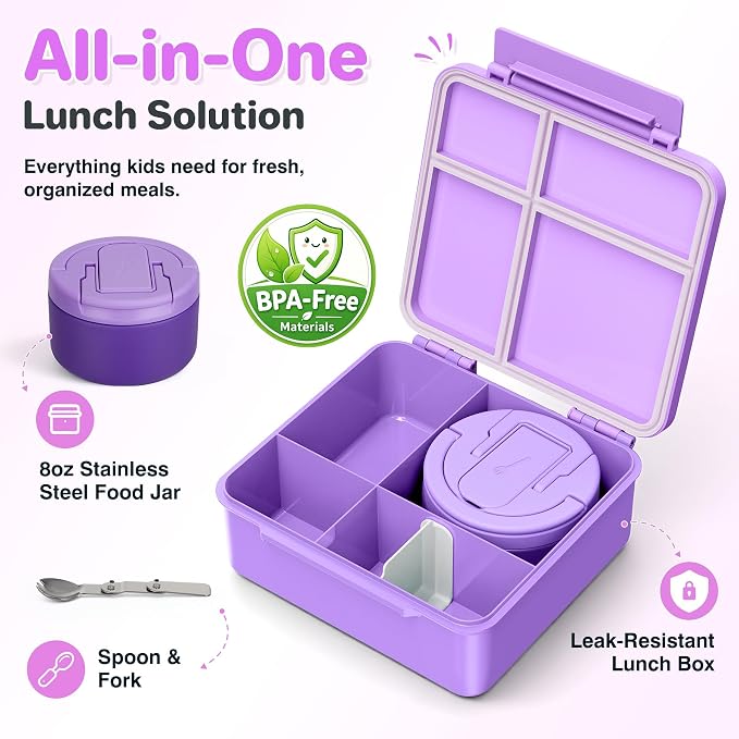 Bento Lunch Box for Kids with 8oz Soup Thermo,Kids Leakproof Lunch Food Containers with 4 Compartment,Kid Insulated Thermo Hot Food Jar for School,Trvael-Purple