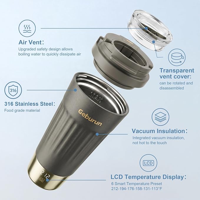 Travel Electric Kettle Portable Water Boiler, 400ml Small Tea Maker with 6 Temp Settings LCD Display, 316 Stainless Steel Vacuum Insulated Tumbler, 100V-240V, Travel Gifts for Men Women(Titanium Gray)