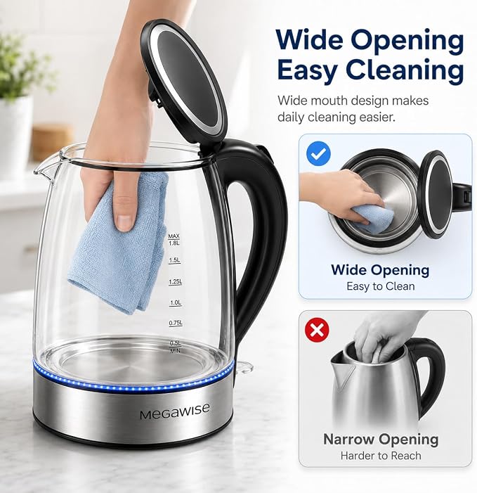 MEGAWISE Electric Kettle 1.8L, High Power Fast Boiling Hot Water Boiler, Auto Shut-Off, BPA-Free Food-Grade Material, Tea Kettle for Kitchen Home Office Coffee Tea