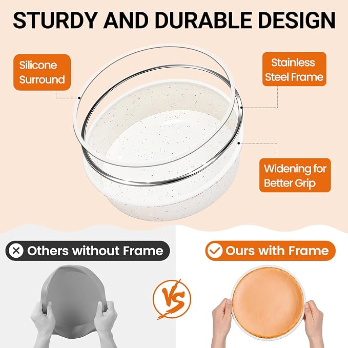 CAKETIME 8 Inch Silicone Round Cake Pan with Metal Reinforced Frame Set of 3, Non-stick & BPA Free, Even Heat Distribution, Stackable & Dishwasher Safe