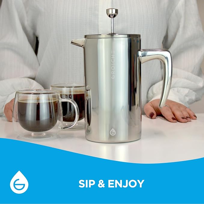 GROSCHE Dublin Double Wall Stainless Steel French Press, 8 Cup, 34 oz | Fine-Mesh Filter Reduces Grit, Insulated Body Retains Heat, Dishwasher-Safe Parts Simplify Cleanup for Daily Hot or Cold Brew