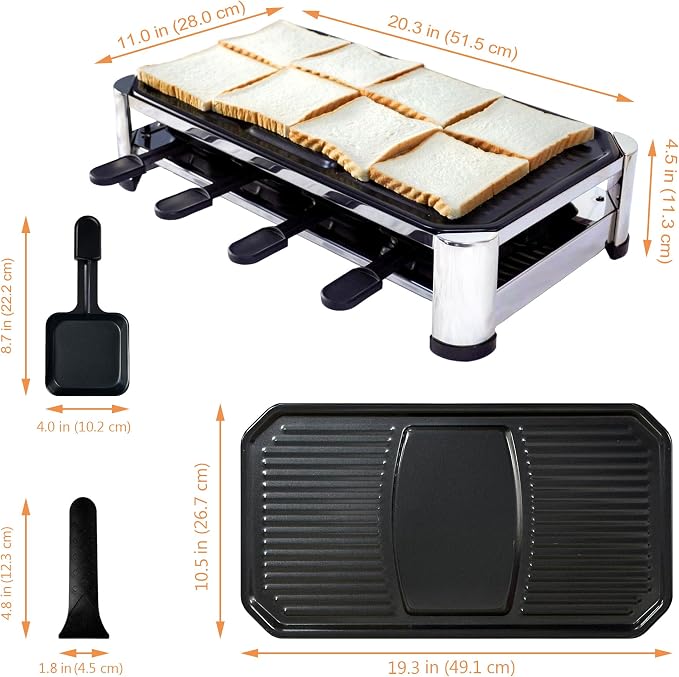 TAMARIT 8-Person Raclette Grill, Electric Table Grill for family gatherings | 8 Nonstick raclette pans, 8 spatulas, 1500 W, Stainless Steel