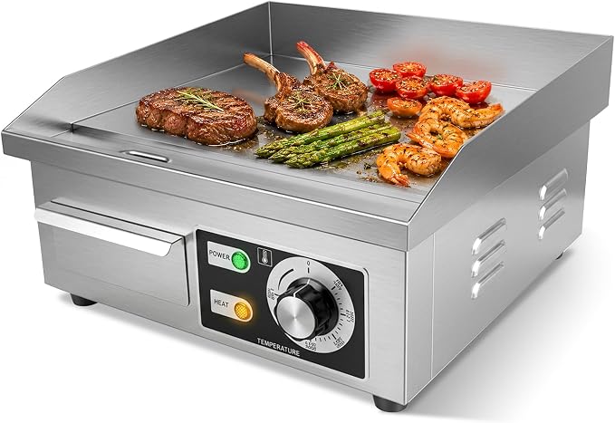 Stainless Steel Electric Griddle, Flat Top Grill for Countertop, Indoor Use | 1700W, 14.2"×15.7" Nonstick Surface, 122°F–572°F Temp Control, Removable Drip Tray for Easy Clean, Grill for Home& Commercial