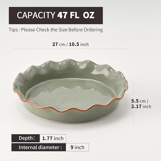 Ceramic Pie Pan for Baking[10.5 inch],Reusable NonStick Ceramic Baking Dish | Reusable NonStick Ceramic Pie Plate with Ruffled Edge,Deep and Fluted Pie Dish for Apple Pie,Quiche,Pot Pie, Tart, etc（Green）