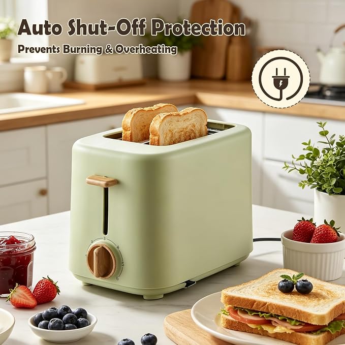 2 Slice Retro Toaster with Anti-dust Cover, 6 Browning Settings, Extra Wide Slots for Bagel & English Muffin, Removable Crumb Tray, Mini Household Bread Toaster
