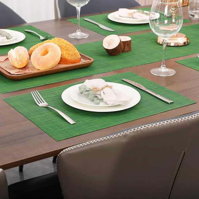 Myir JUN Placemats Set of 4 Kitchen and Dining Table Placemats | Vinyl Placemats Place Mats Indoor/Outdoor Set of 4 Washable Table Mats Non-Slip Place mats for Dining Table, Dark Green