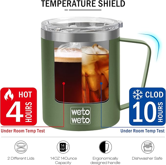 WETOWETO 14 oz Coffee Mug, Vacuum Insulated Camping Mug with Lid, Double Wall Stainless Steel Travel Tumbler Cup, Coffee Mugs Outdoor, Navy Blue & Olive Green 2 Packs
