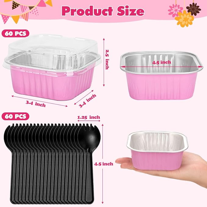 selizo 60 Pack 10oz Mini Disposable Cake Pans with Lids, Aluminum Foil Square Baking Cups, 4.4x4.4 Large Baking Cake Tins Cup Cake Containers with Lids for Thanksgiving Individual Cakes