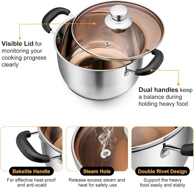 P&P CHEF 3 Qt Stockpot with Lid, Stainless Steel Stock Pot, 1-Ply Metal | Cooking Pot for Soup Pasta, Heat-Proof Double Handles with Visible Lid, Dishwasher Safe & Healthy Use