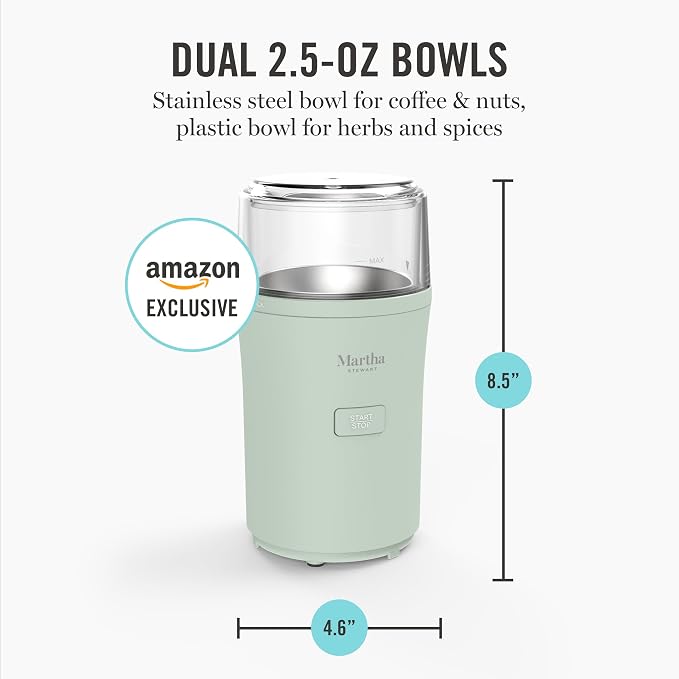 Martha Stewart Electric Coffee & Spice Grinder with Dual Bowls, Honeydew | Dual 2.5oz Removable Bowls for Coffee Beans, Nuts, Herbs & Spices, Stainless Steel Blade, One-Touch Pulse Control, Easy Clean