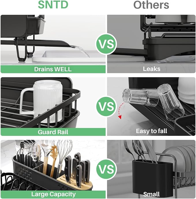 SNTD Large Dish Drying Rack for Kitchen Counter, Expandable, Black | Stainless Steel Dish Drainer, Adjustable Length 18.9''-29.3'', Automatic Drainage, 360° Spout, Cutlery Holder with Knife Slot