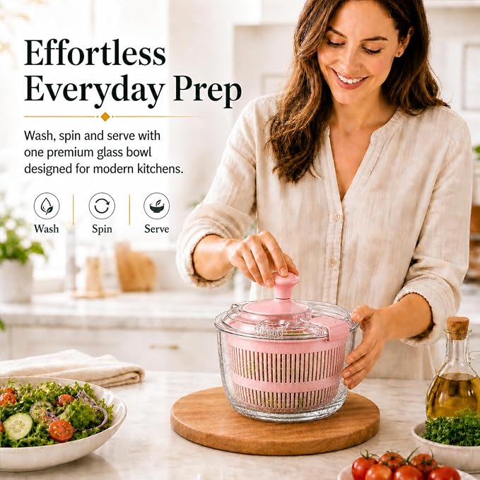 Glass Salad Spinner 3.2 Qt, Small Salad Spinner, Glass Bowl, Pink | Removable Lid, Storage Lid, Dishwasher-Safe Glass Bowl, Fruit & Vegetable Washer Dryer, Drain Spout, Crank Handle
