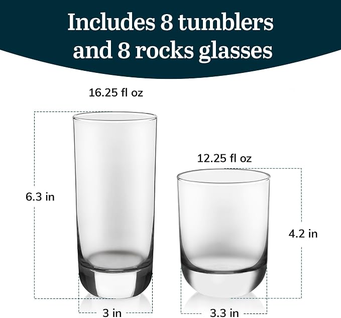 Polaris Tumbler & Rocks Drinking Glasses Set of 16, Clear Glass Cups | 16.25 oz and 12.25 oz Capacities for Water, Juice, Cocktails, and More with Dishwasher-Safe Convenience for Easy Cleanup