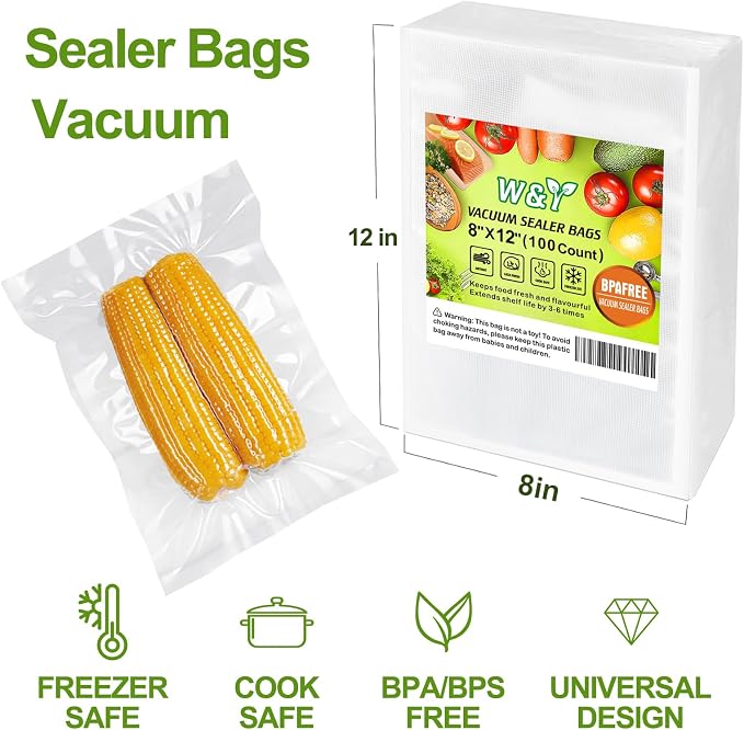 W&Y Vacuum Sealer Bags 8x12 Inch Quart 100 Count -Pre-Separated | For All Vacuum Sealers,Commercial Grade,BPA-Free,Sous Vide Microwave Freezer Safe, Food Vacuum Storage