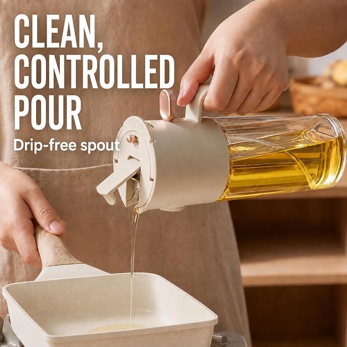 19.6Oz Olive Oil Sprayer for Cooking, 2-in-1 Pour & Spray Bottle | Glass oil dispenser bottle with separate mist nozzle and pour spout; oil spray bottle for air fryer, salad, baking and BBQ
